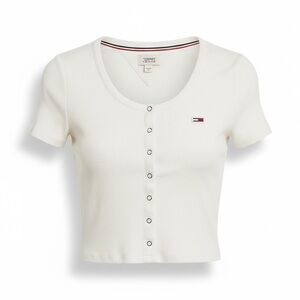 Tommy Jeans rib-knit snap-front crop top in white. Size S/P
